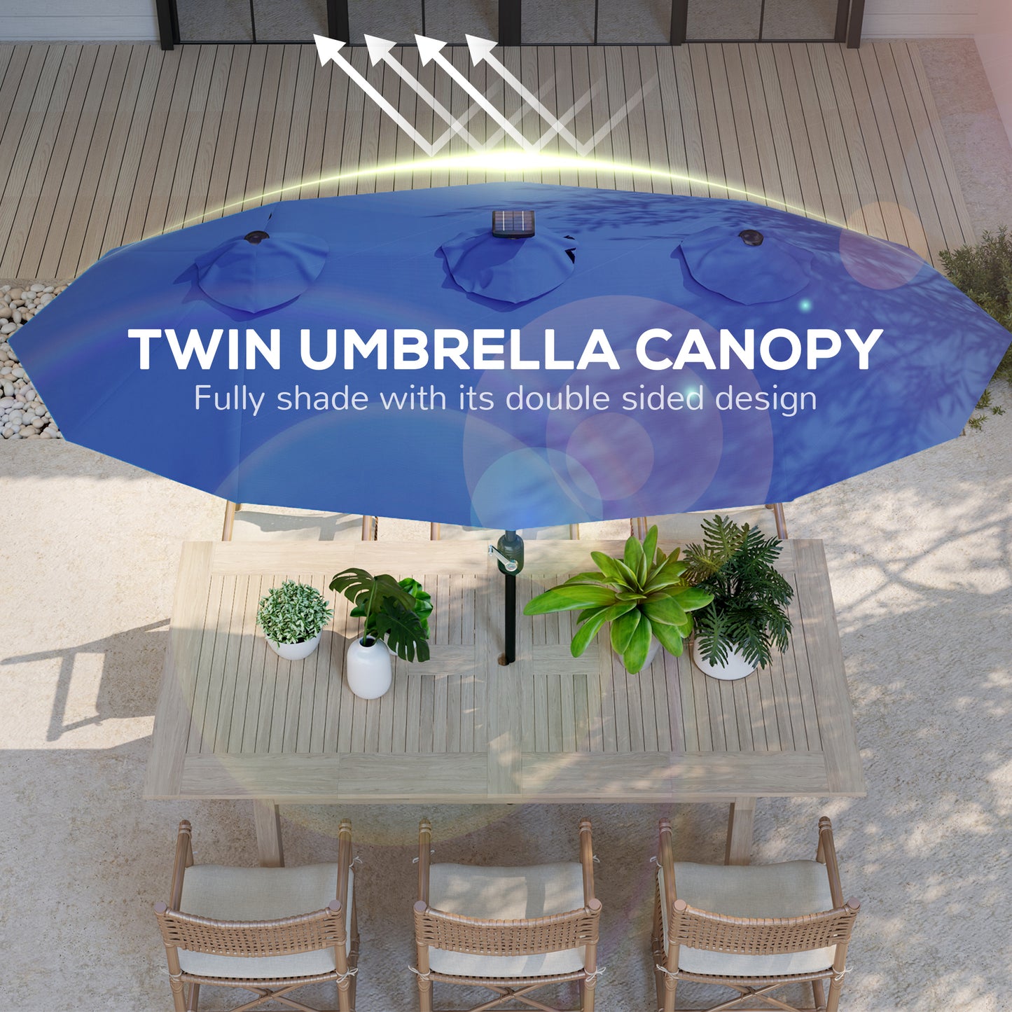 Large 9.7FT Double-Sided Patio Umbrella with Tilt, Crank Lift, 36 Solar LED Lights, 12-Rib Outdoor Umbrella for Garden, Deck, Navy Blue