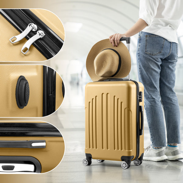 FCH 4-in-1 Vertical Stripe Trolley Case Set – Retro Mustard Yellow ABS Luggage, Lightweight Suitcase with Aluminum Alloy Trolley, 16"/20"/24"/28" Carry-On & Checked Luggage, Stylish Travel for Young Adults