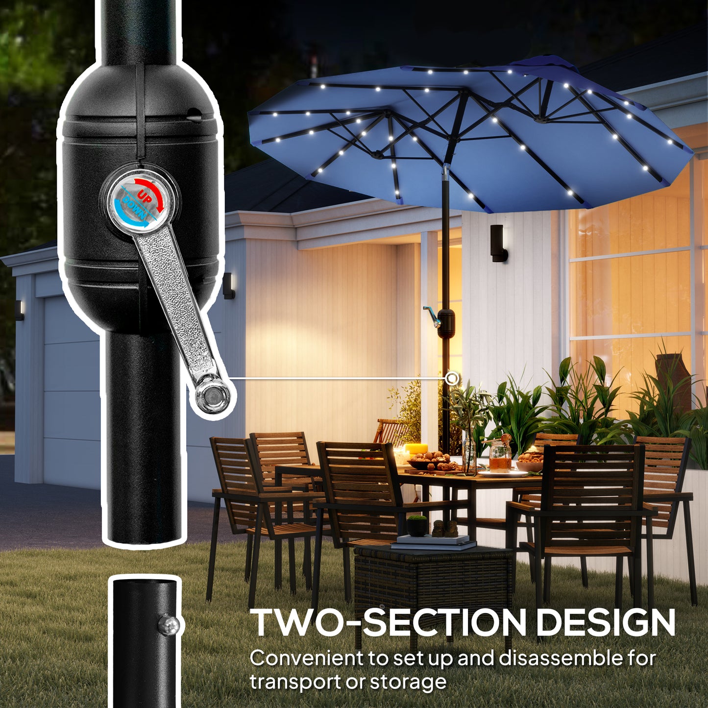 Large 9.7FT Double-Sided Patio Umbrella with Tilt, Crank Lift, 36 Solar LED Lights, 12-Rib Outdoor Umbrella for Garden, Deck, Navy Blue