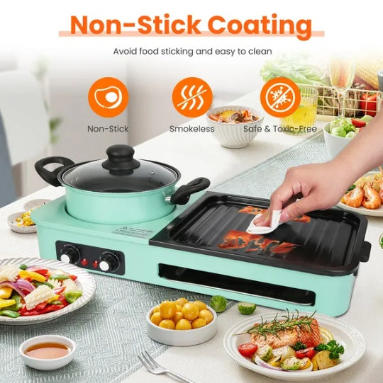 Electric Grill & Hot Pot Combo with Adjustable Temp Control for 3–6 People