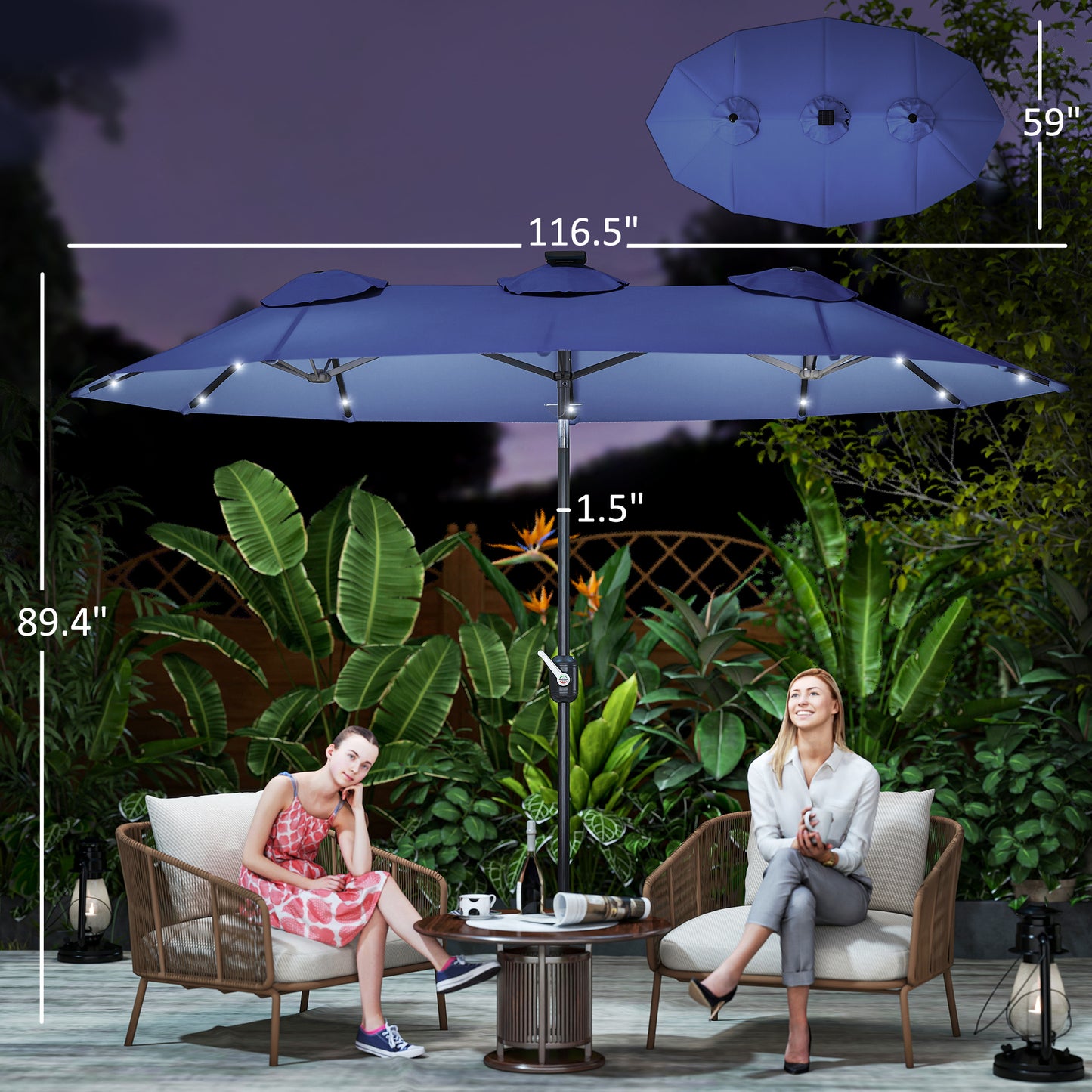 Large 9.7FT Double-Sided Patio Umbrella with Tilt, Crank Lift, 36 Solar LED Lights, 12-Rib Outdoor Umbrella for Garden, Deck, Navy Blue