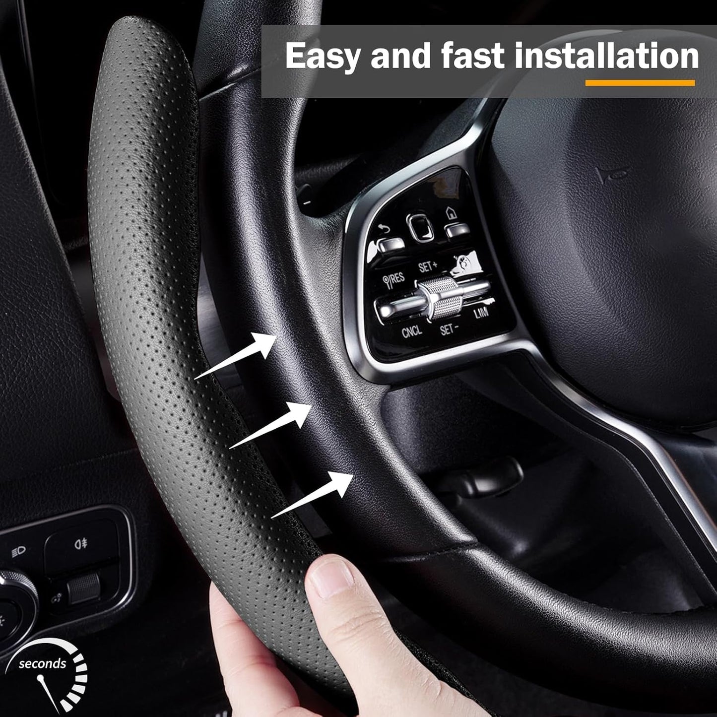 Car Steering Wheel Cover, Leather Snap-On 3-Piece Set, Anti-Slip Grip, Universal Fit, Black and Gray