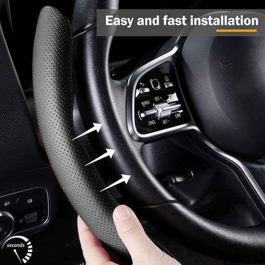 Car Steering Wheel Cover, Leather Snap-On 3-Piece Set, Anti-Slip Grip, Universal Fit, Black and Gray