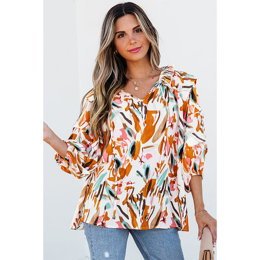 Women’s Colorblock Chiffon Blouse, V-Neck Long Sleeve Shirt, Lightweight Printed Top, Elegant Casual Fashion for Work & Daily Wear