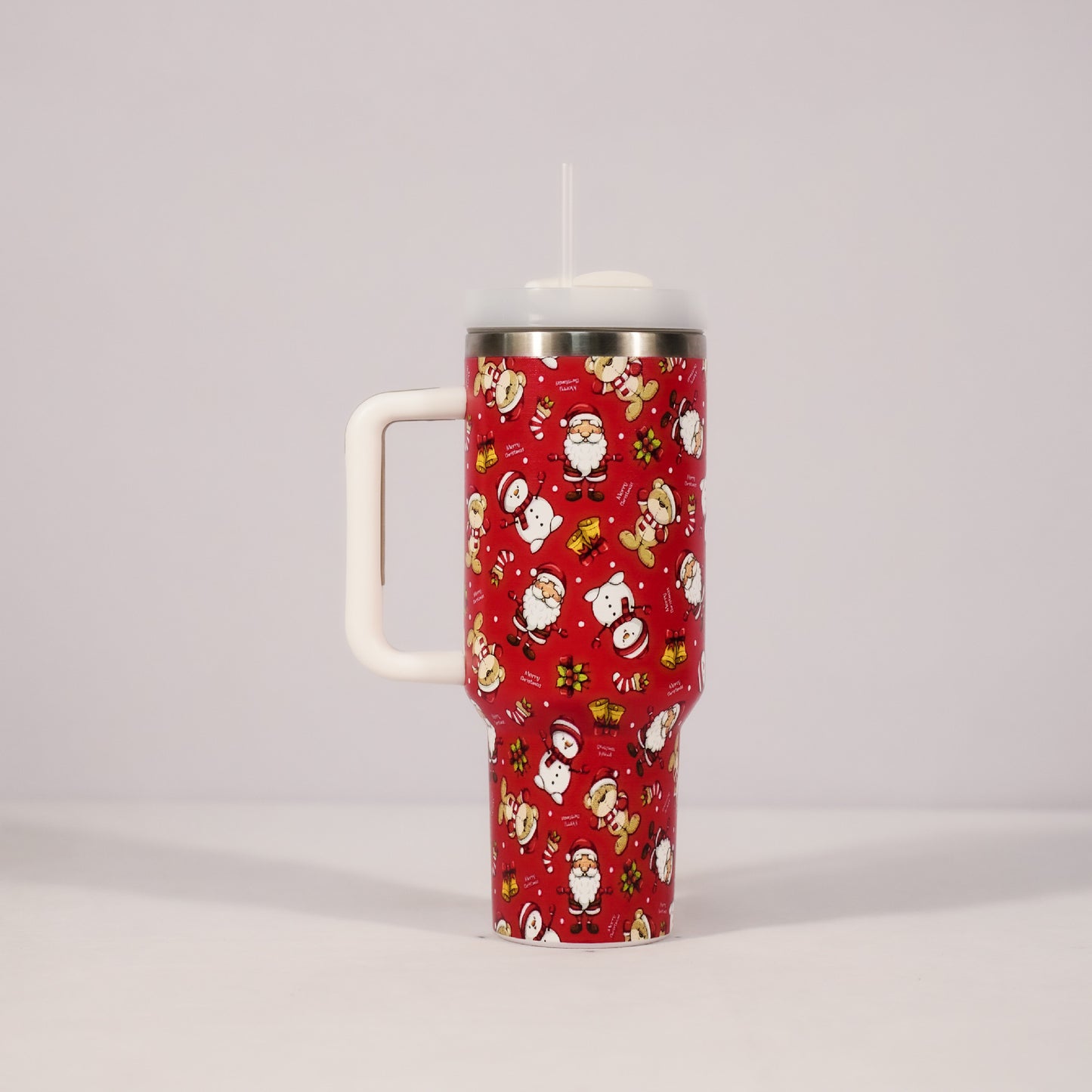 Christmas Pattern Stainless Steel Vacuum Tumbler – Large Capacity Travel Mug with Handle, Lid & Straw for Coffee & Drinks