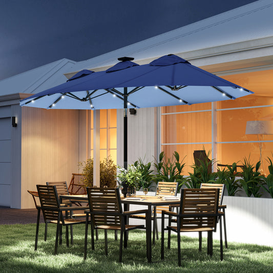 Large 9.7FT Double-Sided Patio Umbrella with Tilt, Crank Lift, 36 Solar LED Lights, 12-Rib Outdoor Umbrella for Garden, Deck, Navy Blue