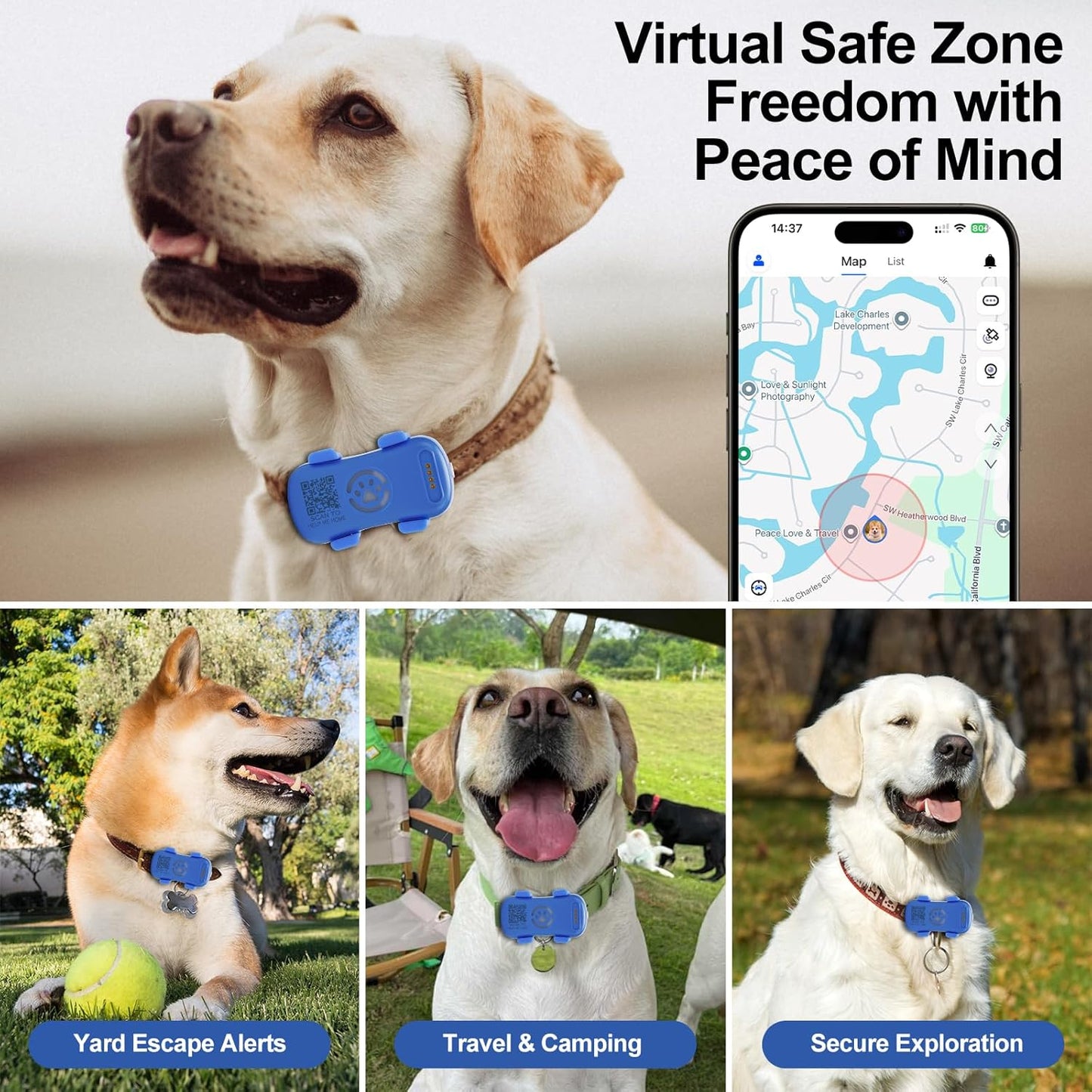 Dog GPS Tracker for Collar, Real-Time Pet Location Tracker with Geofence, Sound Alarm and Flash Light, Anti-Lost Smart Pet Tracker for Dogs, Subscription Required