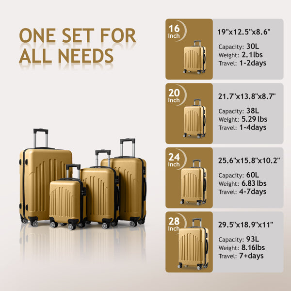 FCH 4-in-1 Vertical Stripe Trolley Case Set – Retro Mustard Yellow ABS Luggage, Lightweight Suitcase with Aluminum Alloy Trolley, 16"/20"/24"/28" Carry-On & Checked Luggage, Stylish Travel for Young Adults